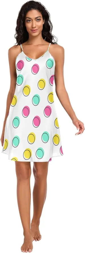 Cute Colorful Polka Dot Satin Slip Dress, V Neck Sleeveless Night Shirts for Women, Small