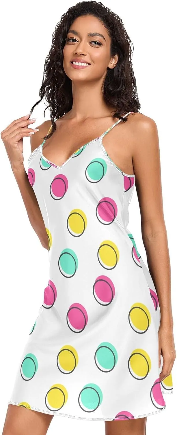 Cute Colorful Polka Dot Satin Slip Dress, V Neck Sleeveless Night Shirts for Women, Small