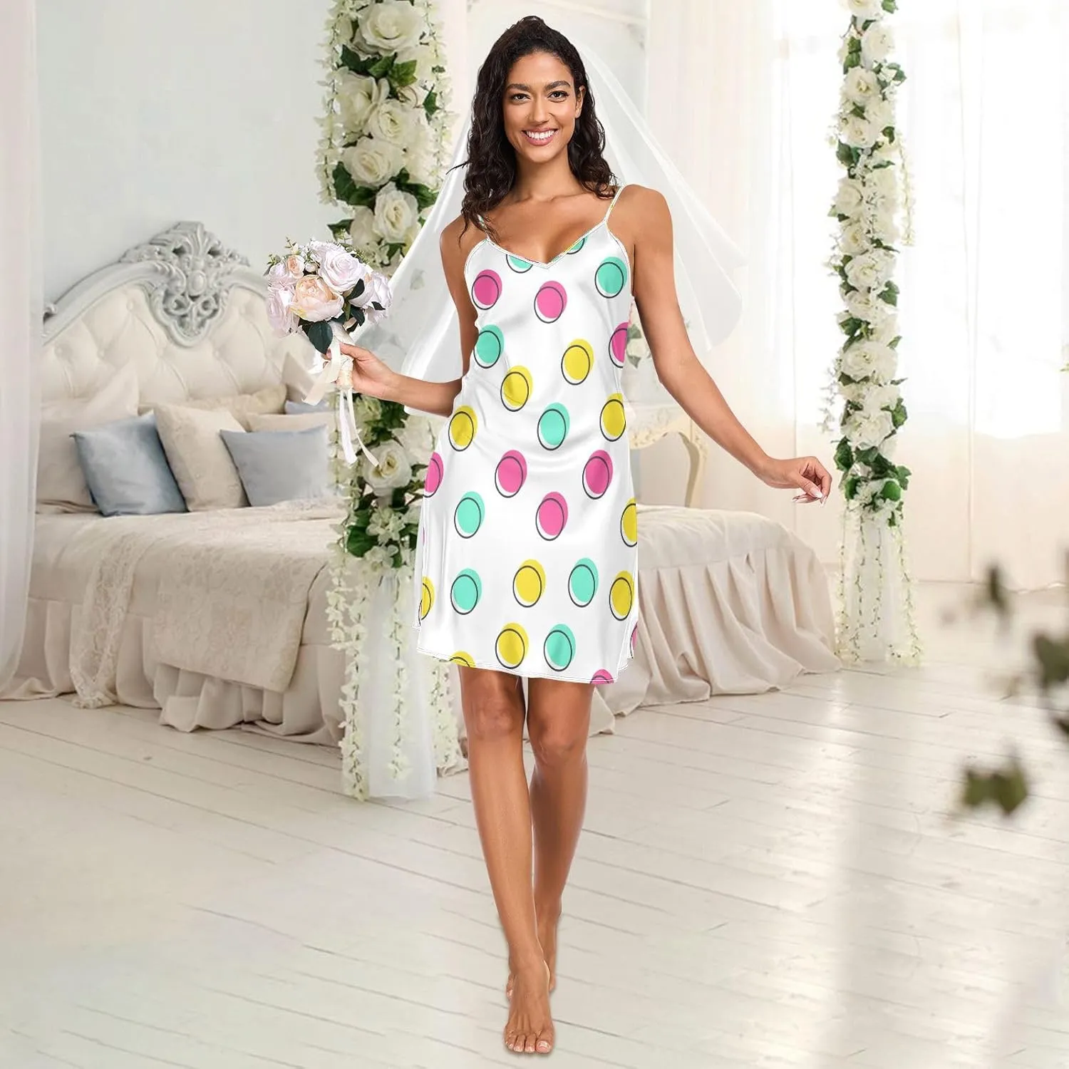 Cute Colorful Polka Dot Satin Slip Dress, V Neck Sleeveless Night Shirts for Women, Small