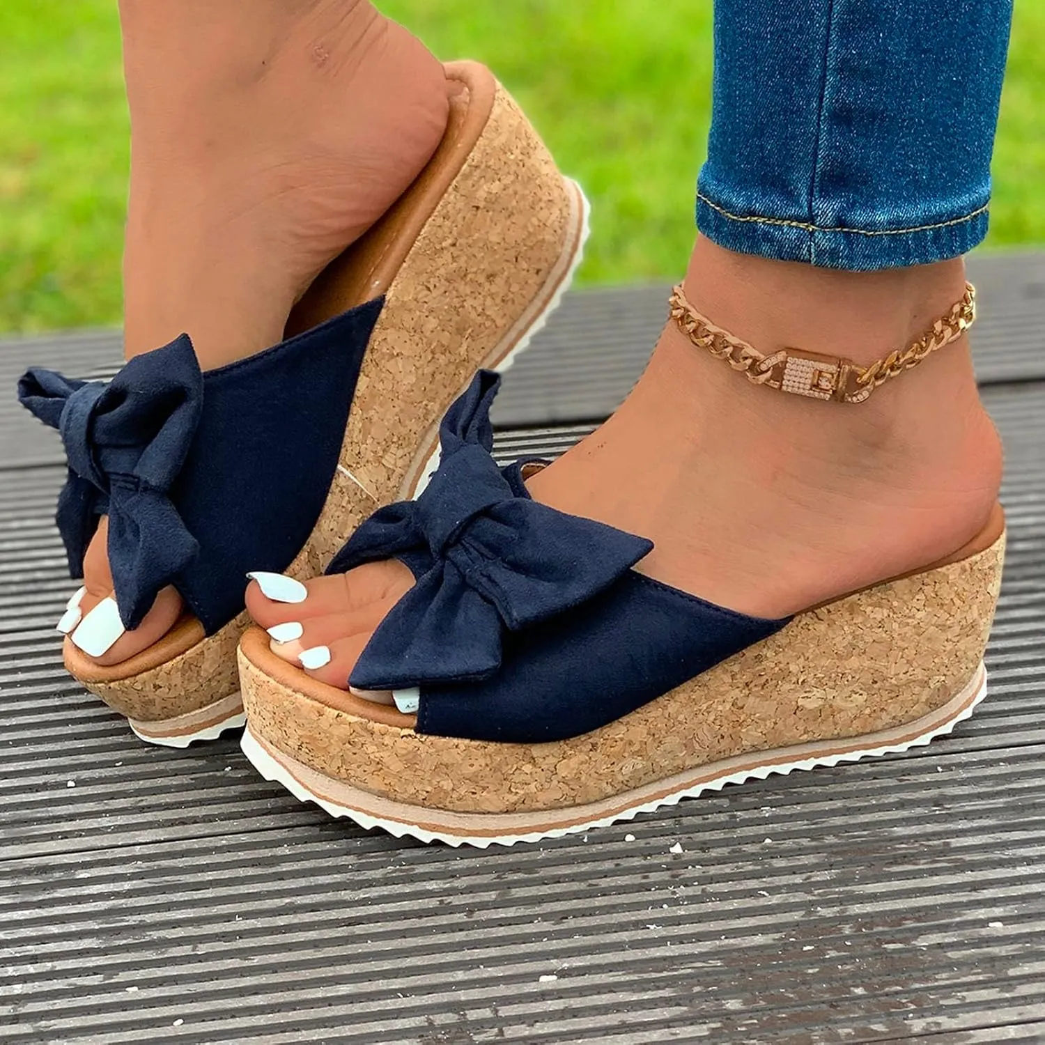 Cute Slippers for Women Summer High Heeled Bow-Knot Platform Wedge Flip-Flops Trendy Espadrilles Wedge Sandals Vacation Comfy Slip On Cork Foot Shoes