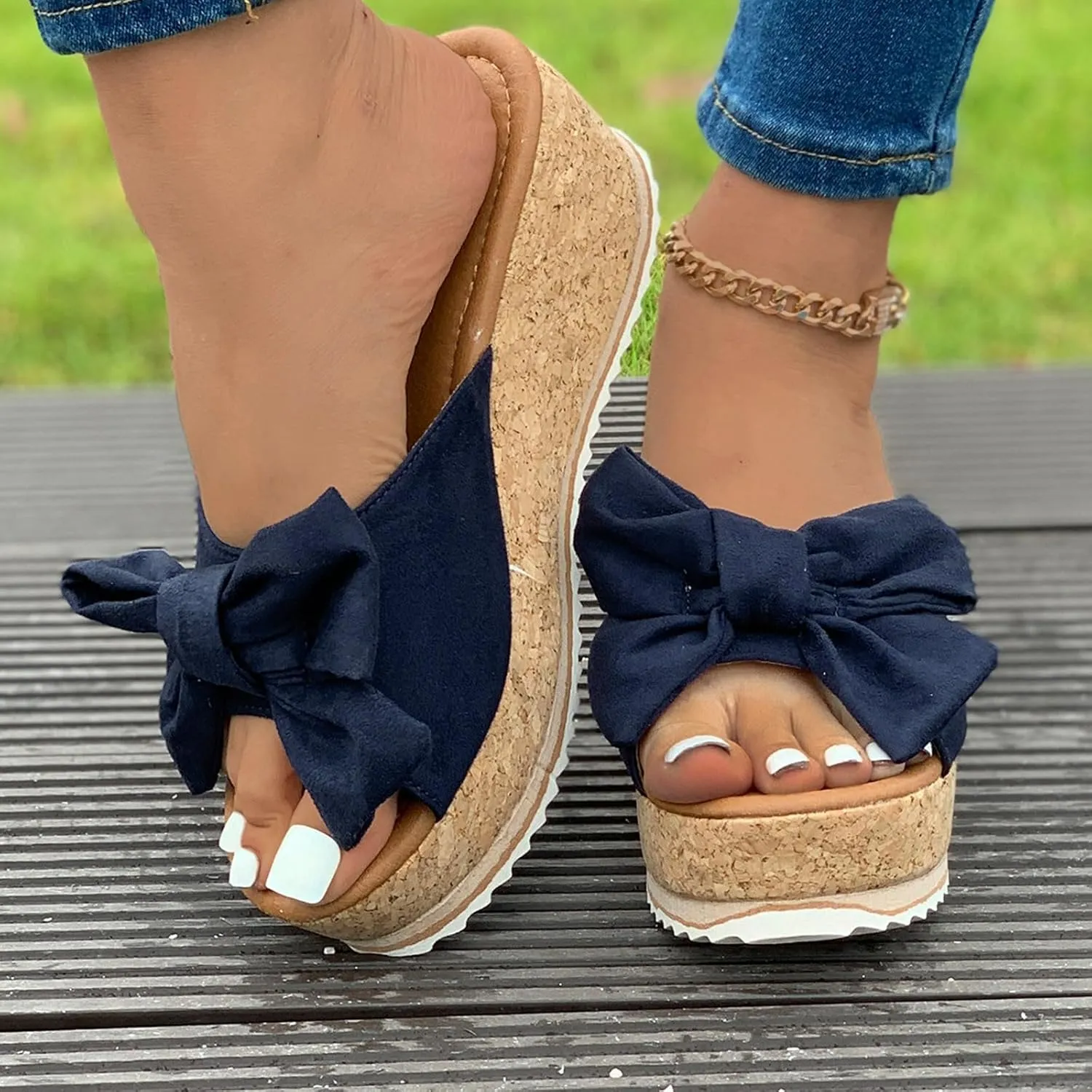 Cute Slippers for Women Summer High Heeled Bow-Knot Platform Wedge Flip-Flops Trendy Espadrilles Wedge Sandals Vacation Comfy Slip On Cork Foot Shoes