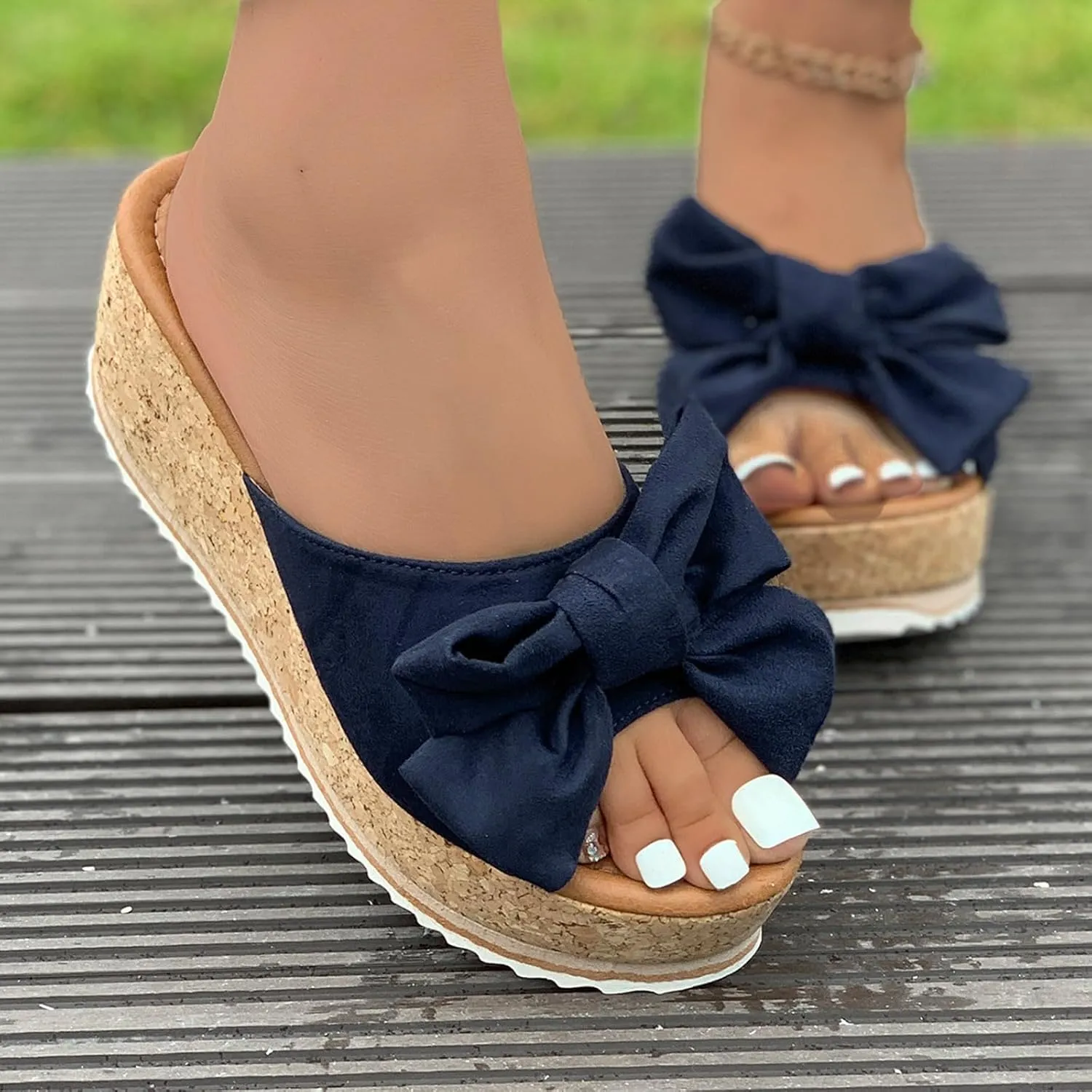Cute Slippers for Women Summer High Heeled Bow-Knot Platform Wedge Flip-Flops Trendy Espadrilles Wedge Sandals Vacation Comfy Slip On Cork Foot Shoes