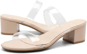 DADAWEN Women's Two Strap Open Toe Slip On Low Chunky Heels Sandals Block Heels Mule Sandals Party Dating Wedding Dress Pumps Shoes