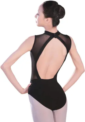 Daydance Black Girls Women Dance Leotards One Mesh Short Sleeve Ballet Clothes with Open Back