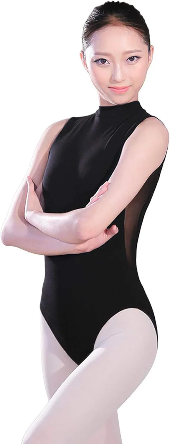 Daydance Black Girls Women Dance Leotards One Mesh Short Sleeve Ballet Clothes with Open Back