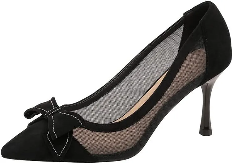 Dear Time Women's Formal Thin Heeled Slip-on Pumps Black Work Shoes,Breathable Sexy Low Heels with Simple Bowknot