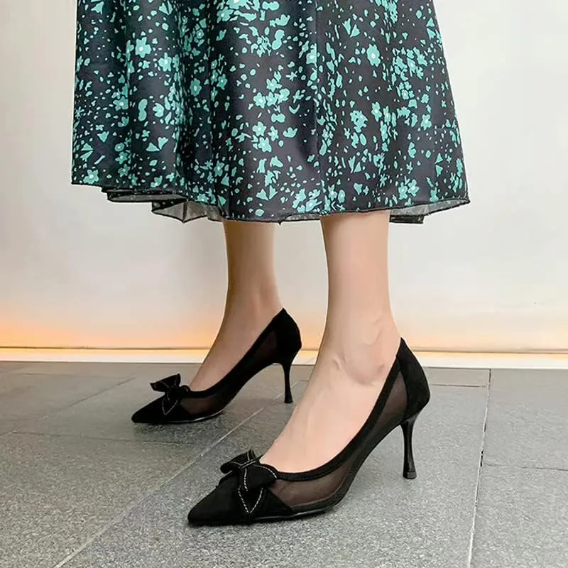 Dear Time Women's Formal Thin Heeled Slip-on Pumps Black Work Shoes,Breathable Sexy Low Heels with Simple Bowknot