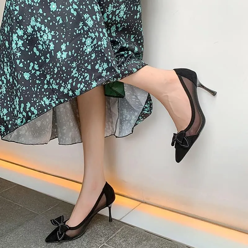 Dear Time Women's Formal Thin Heeled Slip-on Pumps Black Work Shoes,Breathable Sexy Low Heels with Simple Bowknot