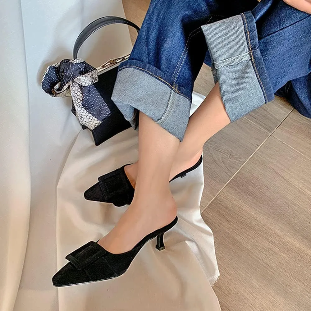Divanne Heeled Mules for Women, Pointed Toe Slingback Pumps Buckle Kitten Heels Mules Slides Backless Dress Sandals