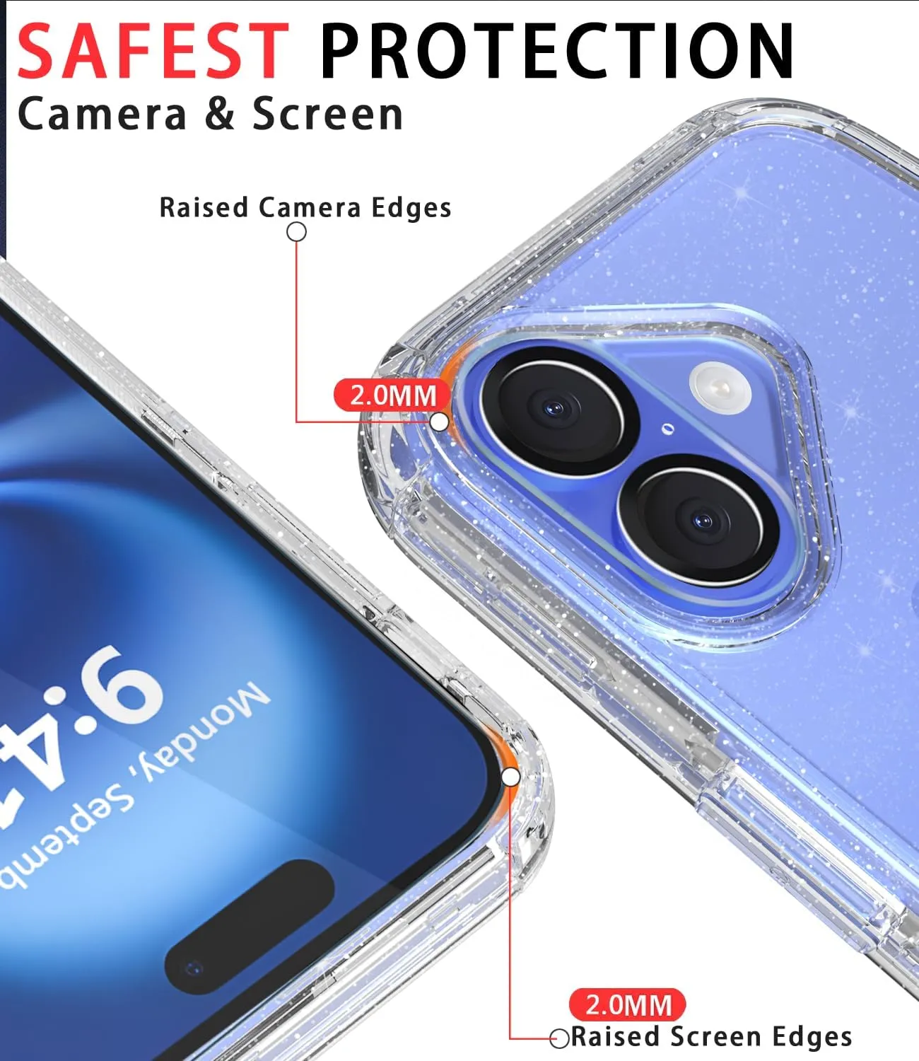 Diverbox for iPhone 16 Case [Shockproof] [Dropproof] [Tempered Glass Screen Protector   Camera Protectors] Heavy Duty Protection Phone Case Cover for Apple iPhone 16 (Glitter Clear)
