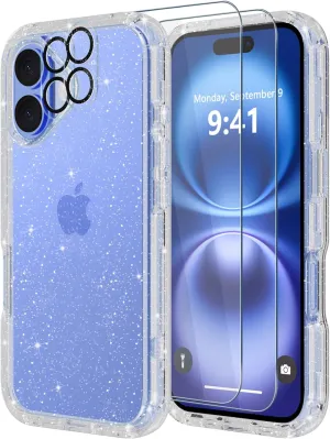 Diverbox for iPhone 16 Case [Shockproof] [Dropproof] [Tempered Glass Screen Protector   Camera Protectors] Heavy Duty Protection Phone Case Cover for Apple iPhone 16 (Glitter Clear)