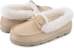 DL Women's Memory Foam Moccasin Slippers Micro Suede with Breathable Faux Fur Lining Slip On House Shoes Micro Indoor & Outdoor