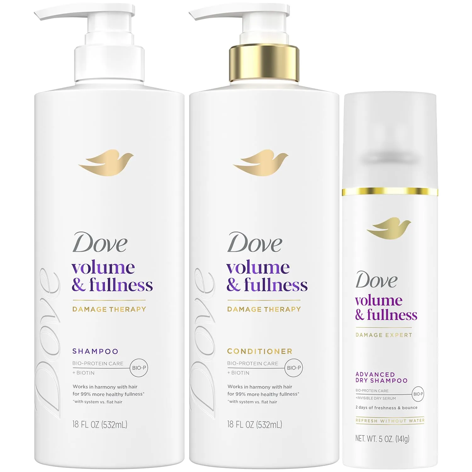 Dove Shampoo and Conditioner Set, Volume & Fullness   Advanced Dry Shampoo – Refresh & Revive Thin, Flat and Dry, Damaged Hair (3 Piece Set)