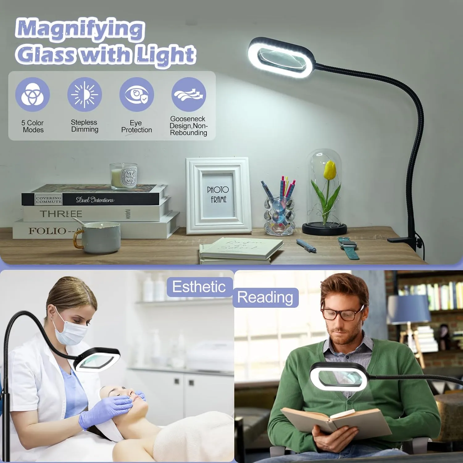 Drdefi 10X Rectangular Magnifying Glass with Light and Stand, 24" Flexible Gooseneck Floor Lamp, 5 Color Modes Stepless Dimmable, 3-in-1 LED Lighted Magnifier Light Hands Free for Reading Craft Sewing