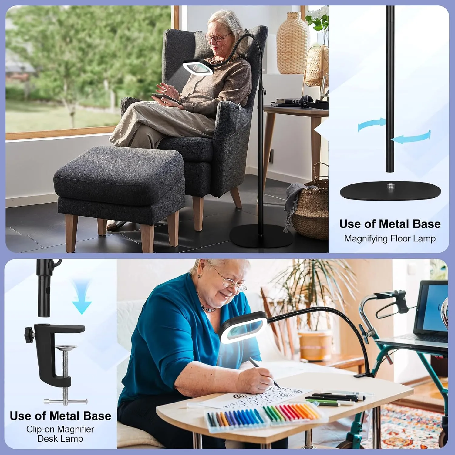 Drdefi 10X Rectangular Magnifying Glass with Light and Stand, 24" Flexible Gooseneck Floor Lamp, 5 Color Modes Stepless Dimmable, 3-in-1 LED Lighted Magnifier Light Hands Free for Reading Craft Sewing