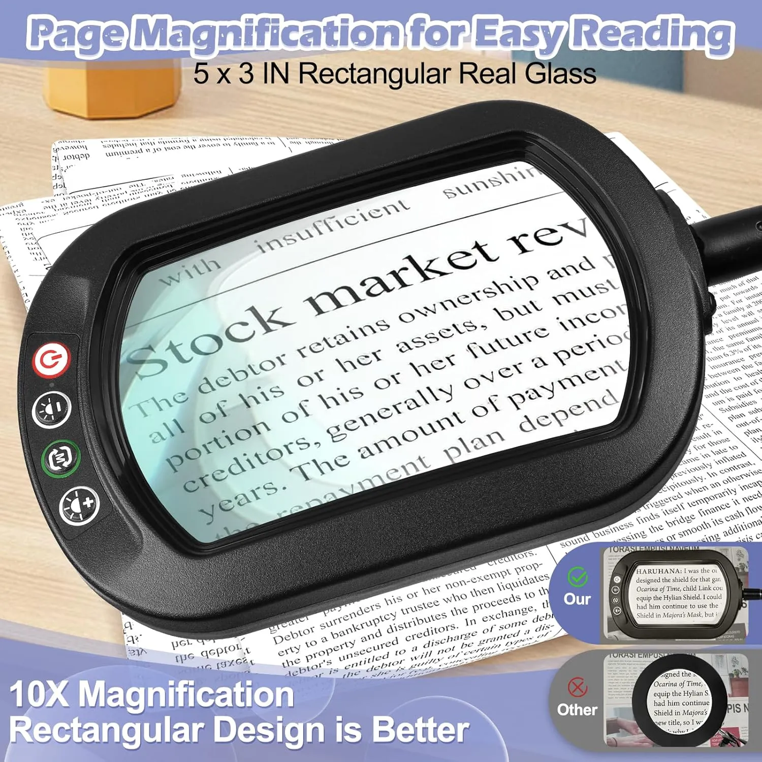 Drdefi 10X Rectangular Magnifying Glass with Light and Stand, 24" Flexible Gooseneck Floor Lamp, 5 Color Modes Stepless Dimmable, 3-in-1 LED Lighted Magnifier Light Hands Free for Reading Craft Sewing