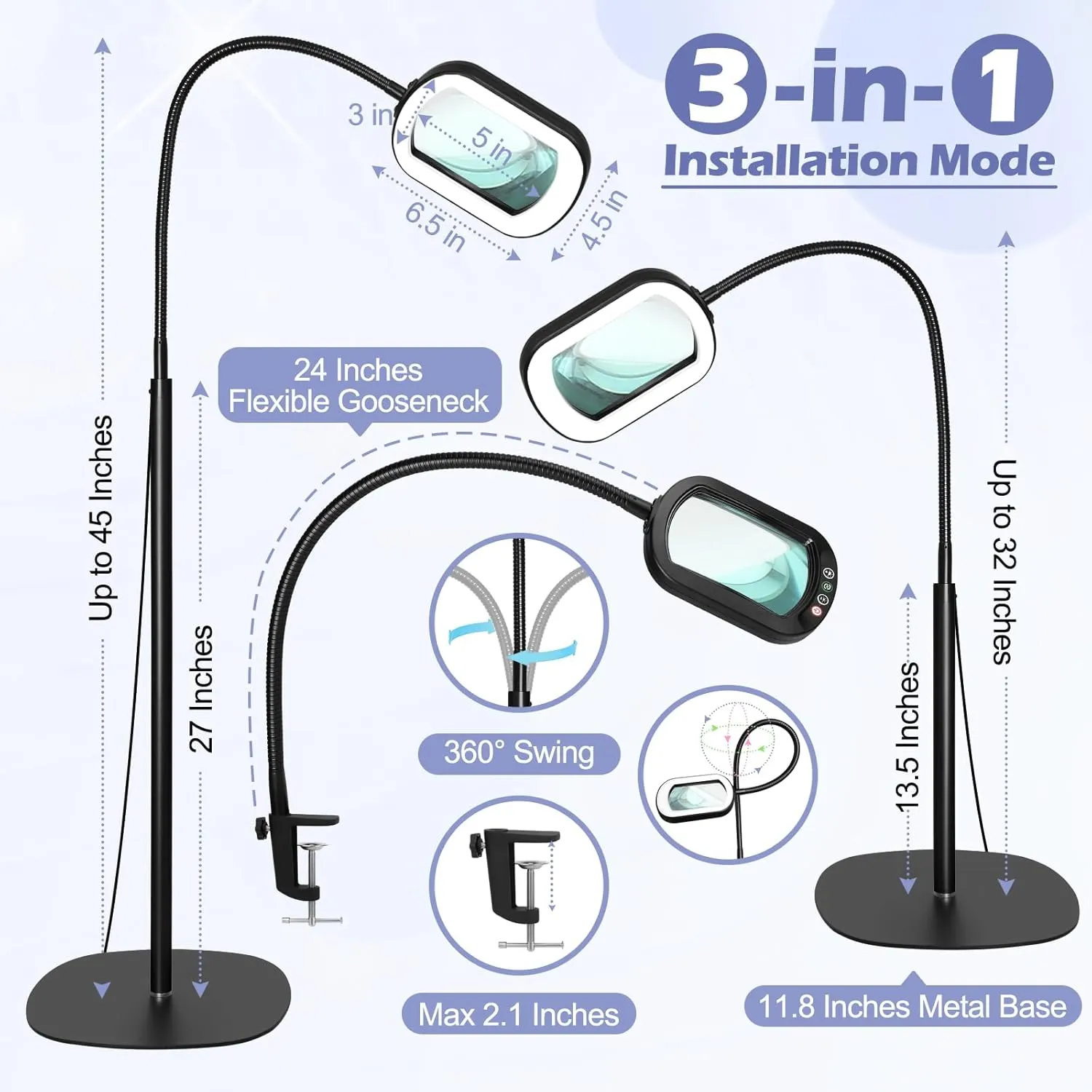 Drdefi 10X Rectangular Magnifying Glass with Light and Stand, 24" Flexible Gooseneck Floor Lamp, 5 Color Modes Stepless Dimmable, 3-in-1 LED Lighted Magnifier Light Hands Free for Reading Craft Sewing