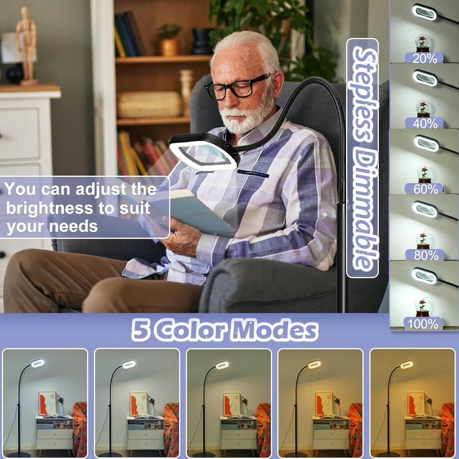 Drdefi 10X Rectangular Magnifying Glass with Light and Stand, 24" Flexible Gooseneck Floor Lamp, 5 Color Modes Stepless Dimmable, 3-in-1 LED Lighted Magnifier Light Hands Free for Reading Craft Sewing