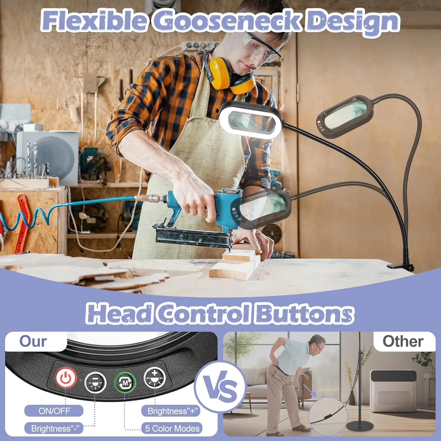 Drdefi 10X Rectangular Magnifying Glass with Light and Stand, 24" Flexible Gooseneck Floor Lamp, 5 Color Modes Stepless Dimmable, 3-in-1 LED Lighted Magnifier Light Hands Free for Reading Craft Sewing