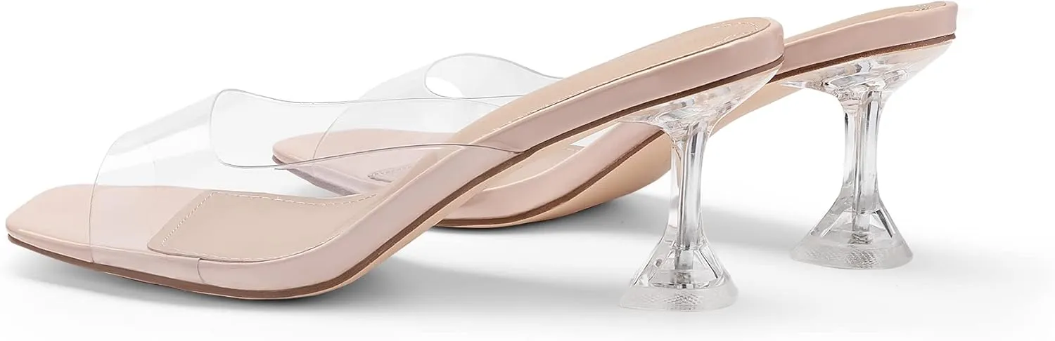 DREAM PAIRS Women’s Clear Heels Square Toe High Stiletto Mules Slip on Wedding Dress Heel Sandals