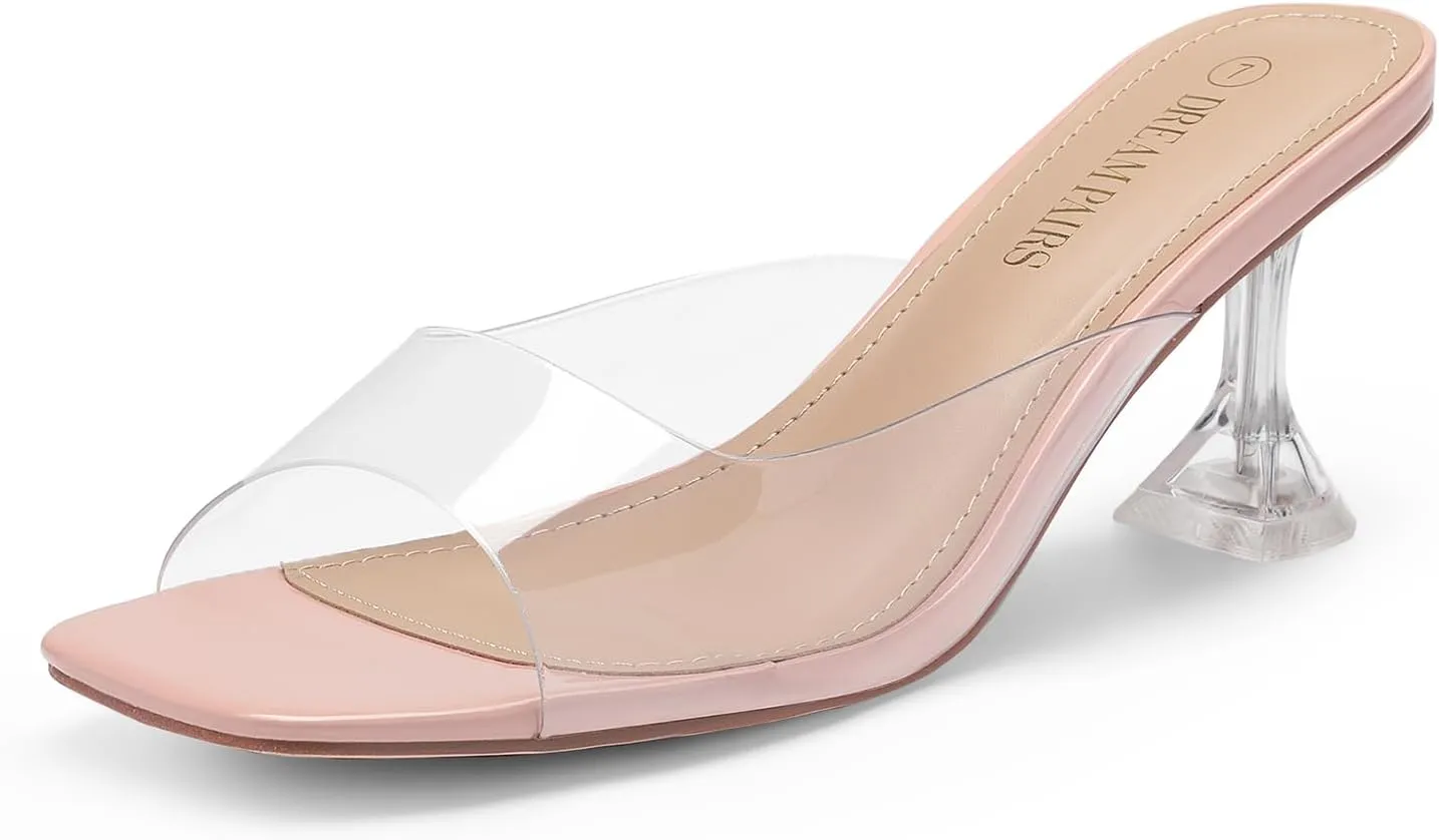 DREAM PAIRS Women’s Clear Heels Square Toe High Stiletto Mules Slip on Wedding Dress Heel Sandals