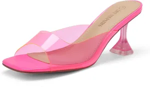 DREAM PAIRS Women’s Clear Heels Square Toe High Stiletto Mules Slip on Wedding Dress Heel Sandals