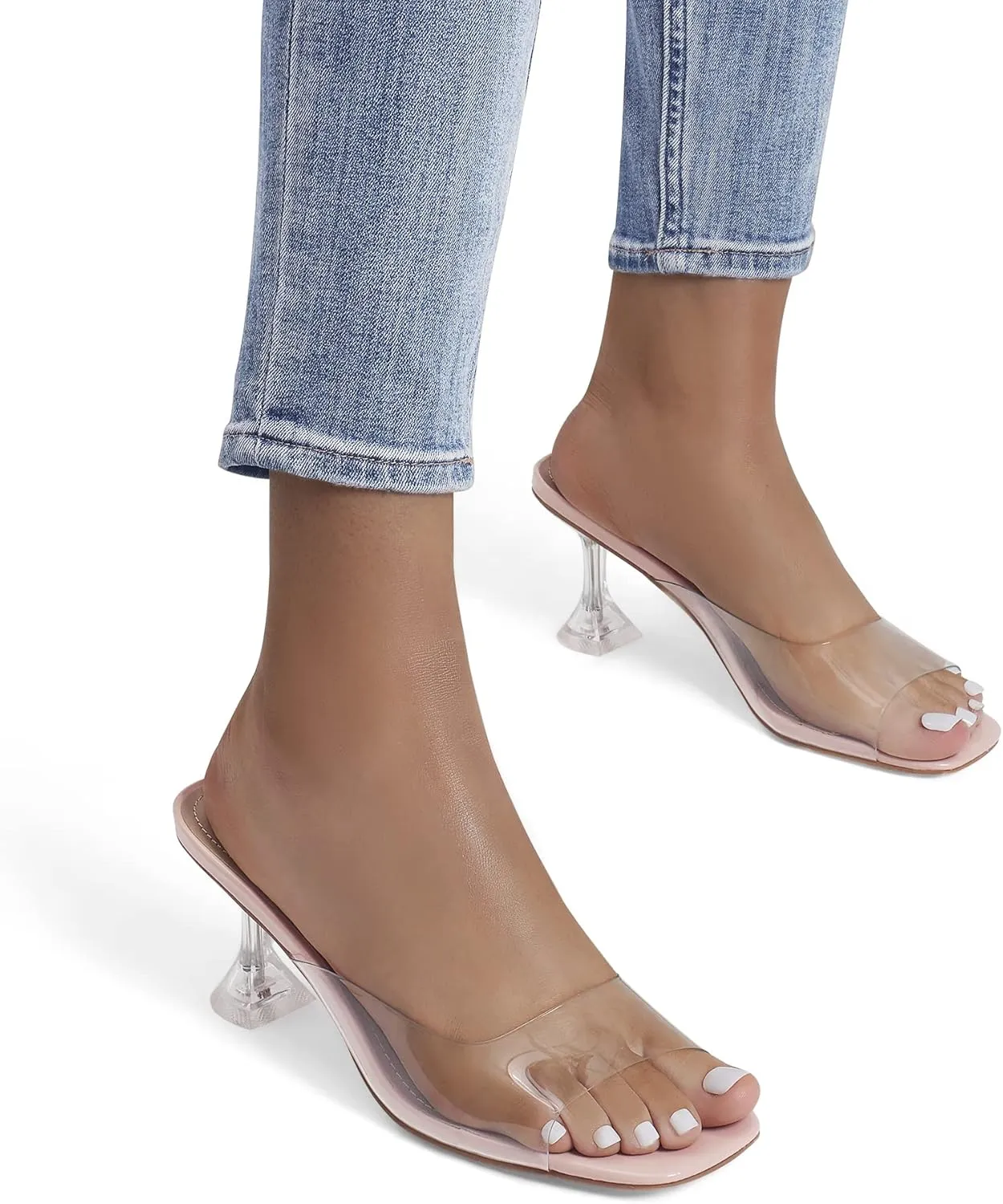 DREAM PAIRS Women’s Clear Heels Square Toe High Stiletto Mules Slip on Wedding Dress Heel Sandals