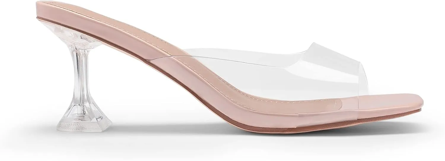 DREAM PAIRS Women’s Clear Heels Square Toe High Stiletto Mules Slip on Wedding Dress Heel Sandals
