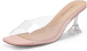 DREAM PAIRS Women’s Clear Heels Square Toe High Stiletto Mules Slip on Wedding Dress Heel Sandals