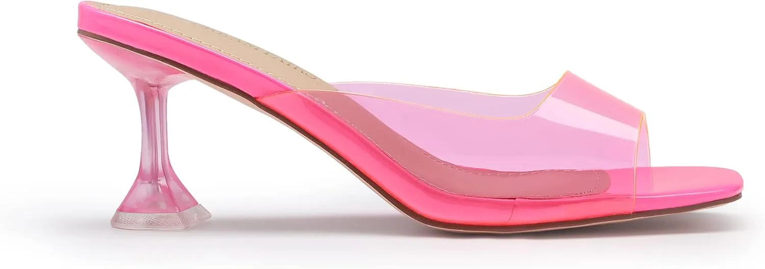 DREAM PAIRS Women’s Clear Heels Square Toe High Stiletto Mules Slip on Wedding Dress Heel Sandals