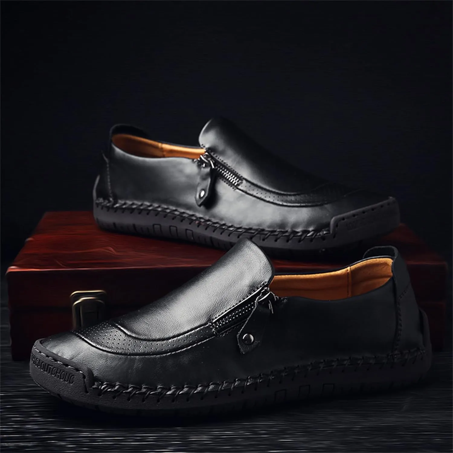 Dress Shoes for Men Lightweight Zipper Slip on Flat Driving Loafers Vintage Walking Slip-on Casual Wedding Oxfords