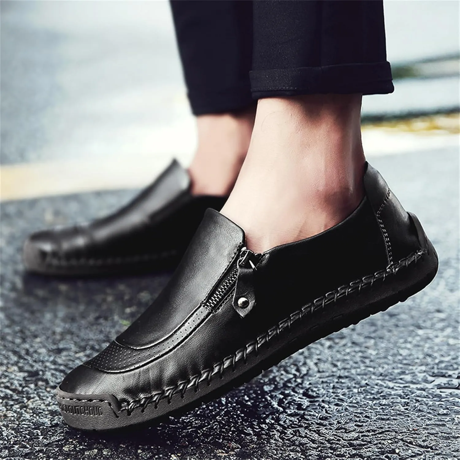 Dress Shoes for Men Lightweight Zipper Slip on Flat Driving Loafers Vintage Walking Slip-on Casual Wedding Oxfords