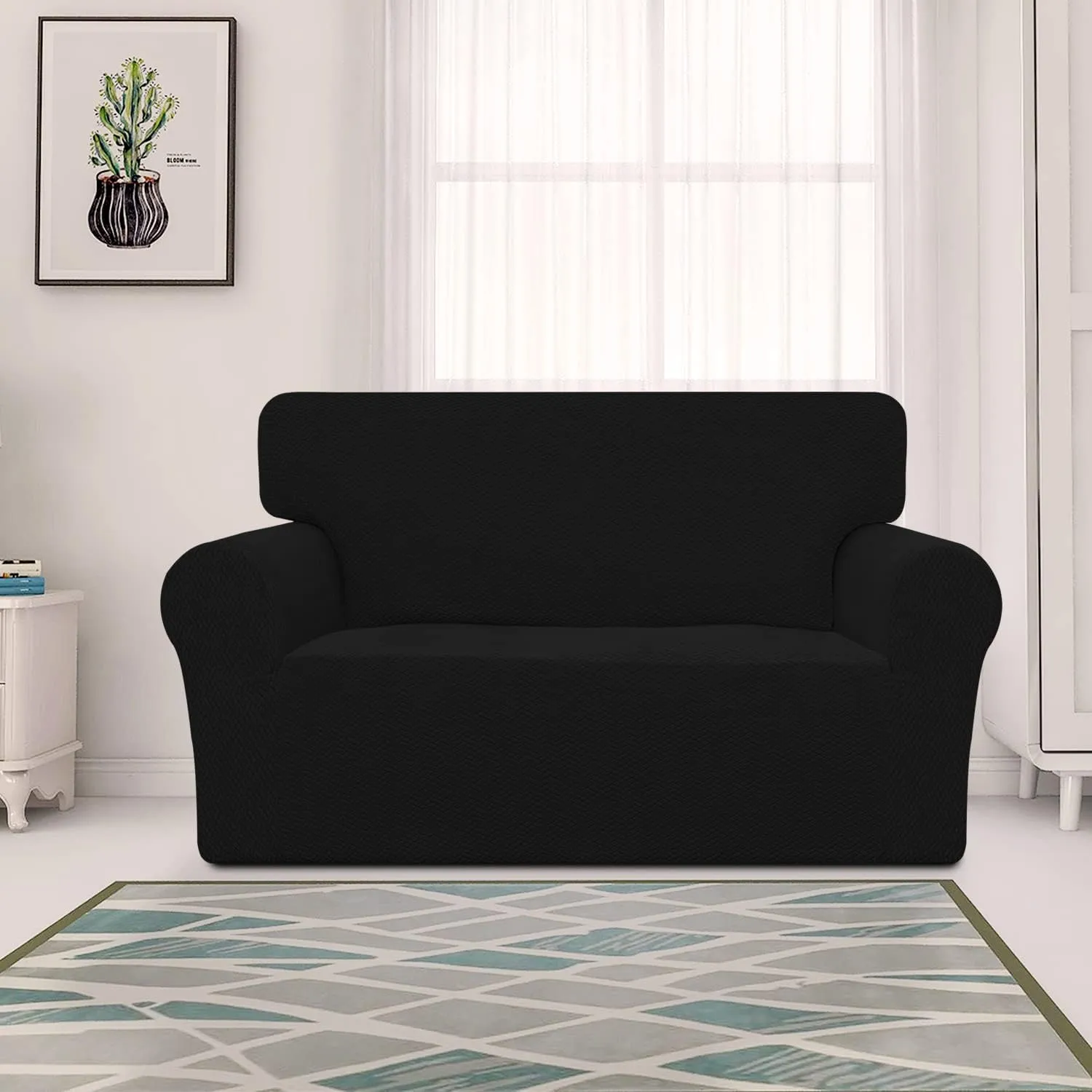 Easy-Going Stretch Jacquard Loveseat Couch Cover, 1-Piece Soft Sofa Cover, Sofa Slipcover with Anti-Slip Foams, Washable Furniture Protector for Kids, Pets (Loveseat, Black)