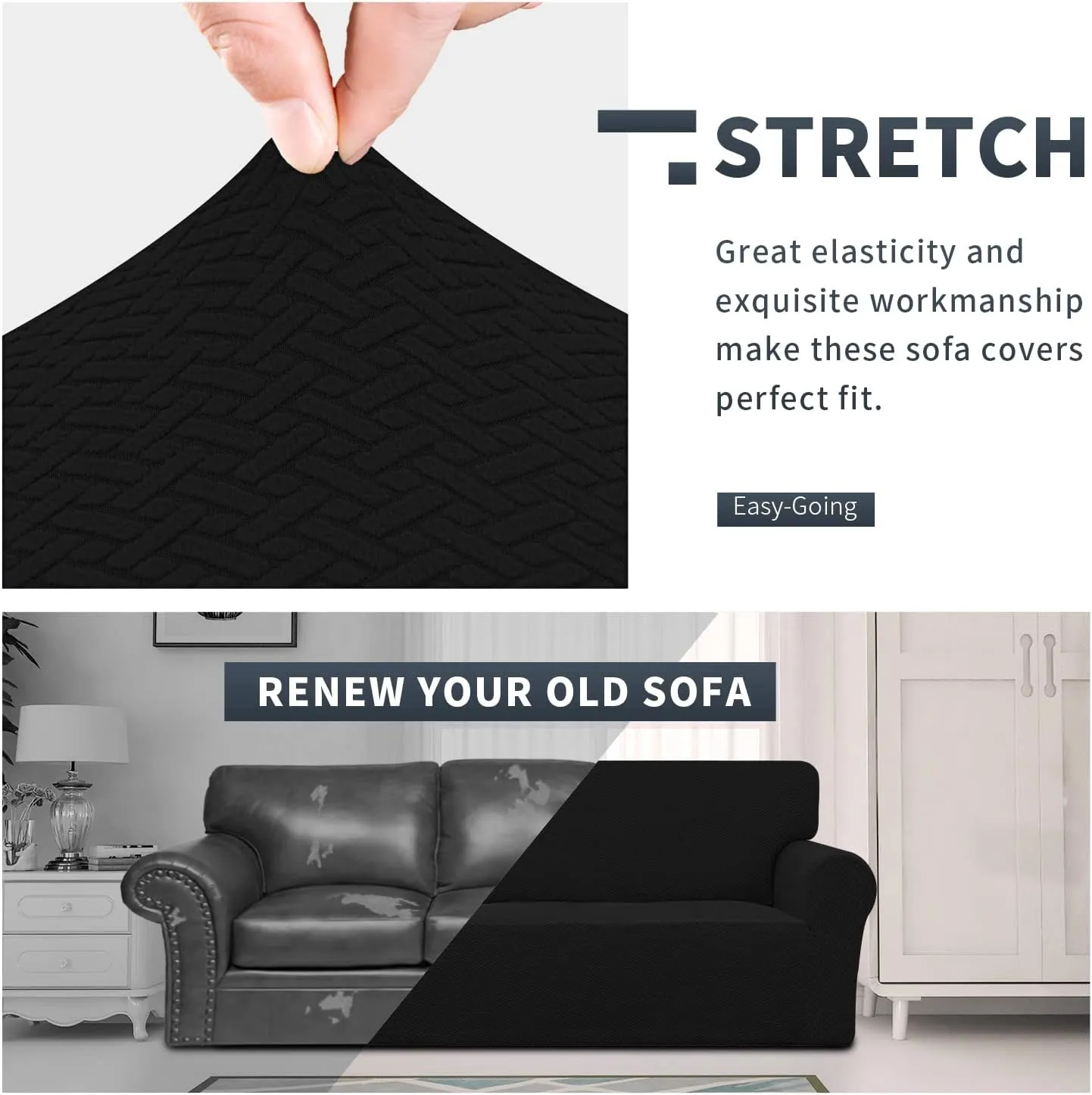 Easy-Going Stretch Jacquard Loveseat Couch Cover, 1-Piece Soft Sofa Cover, Sofa Slipcover with Anti-Slip Foams, Washable Furniture Protector for Kids, Pets (Loveseat, Black)