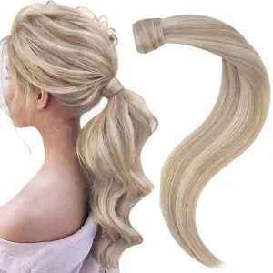 Easyouth Pony Tails Hair Extension Natural Ponytail Extensions Human Hair Ash Blonde Highlighted Bleach Blonde Wrap Around Ponytail Hair Extension Human Hair Blendable 12Inch 70g