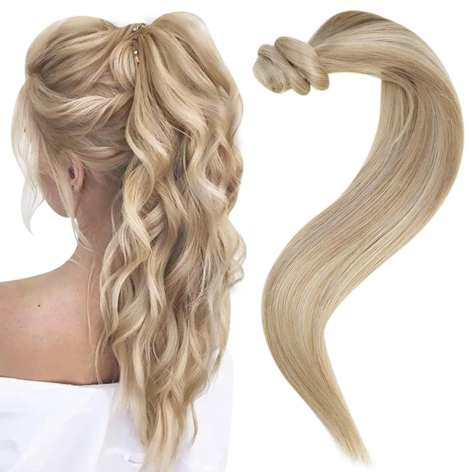 Easyouth Ponytail Extension Human Hair Natural Pony Tails Hair Extensions Golden Blonde Highlighted Honey Blonde Wrap Around Ponytail Extensions Soft and Silky 12Inch 70g #16P24