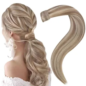 Easyouth Ponytail Hair Extensions Human Hair Wrap Around Ponytail Extension Ash Brown Highlights Platinum Blonde Pony Tails Hair Extensions Human Hair Natural 12Inch 70g