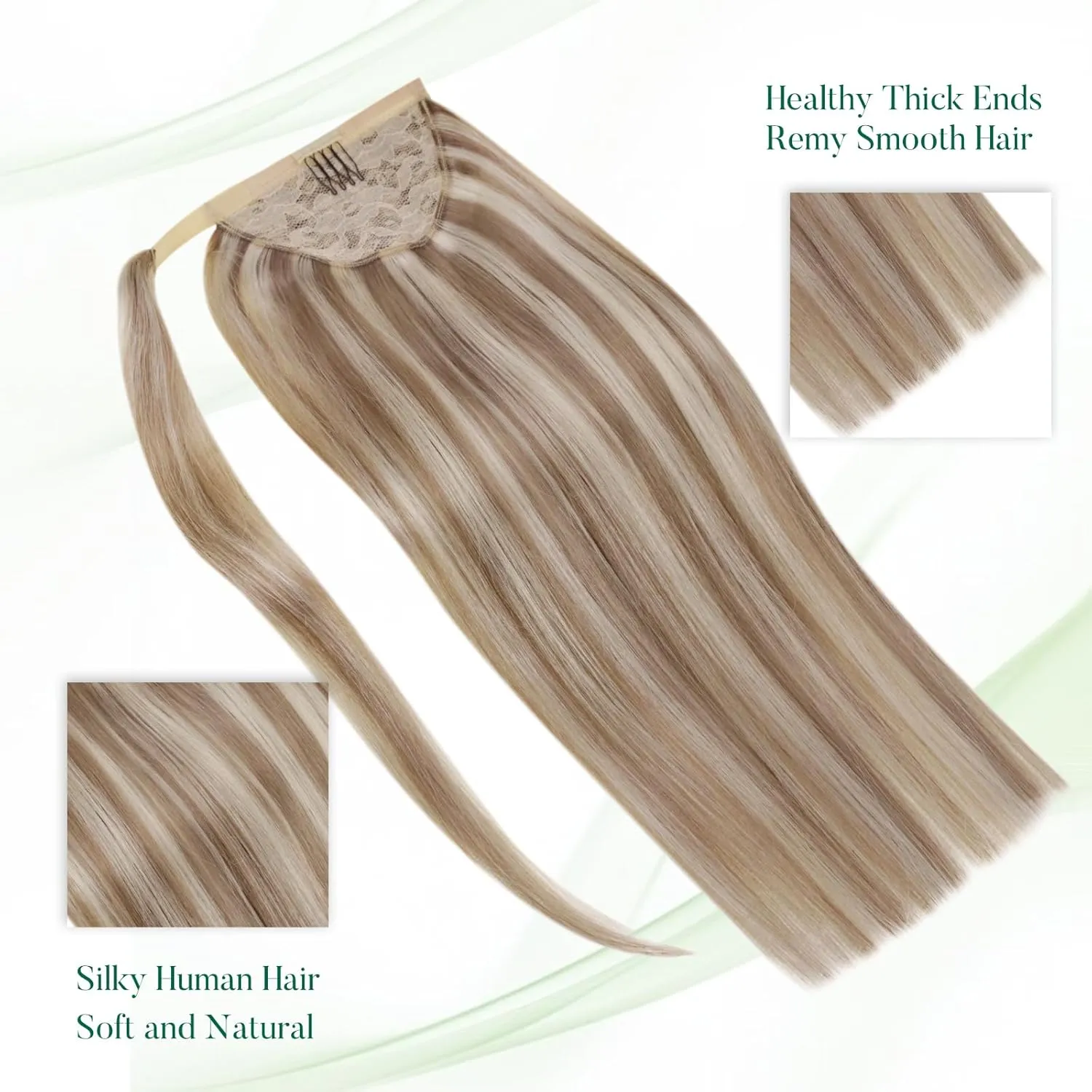 Easyouth Ponytail Hair Extensions Human Hair Wrap Around Ponytail Extension Ash Brown Highlights Platinum Blonde Pony Tails Hair Extensions Human Hair Natural 12Inch 70g
