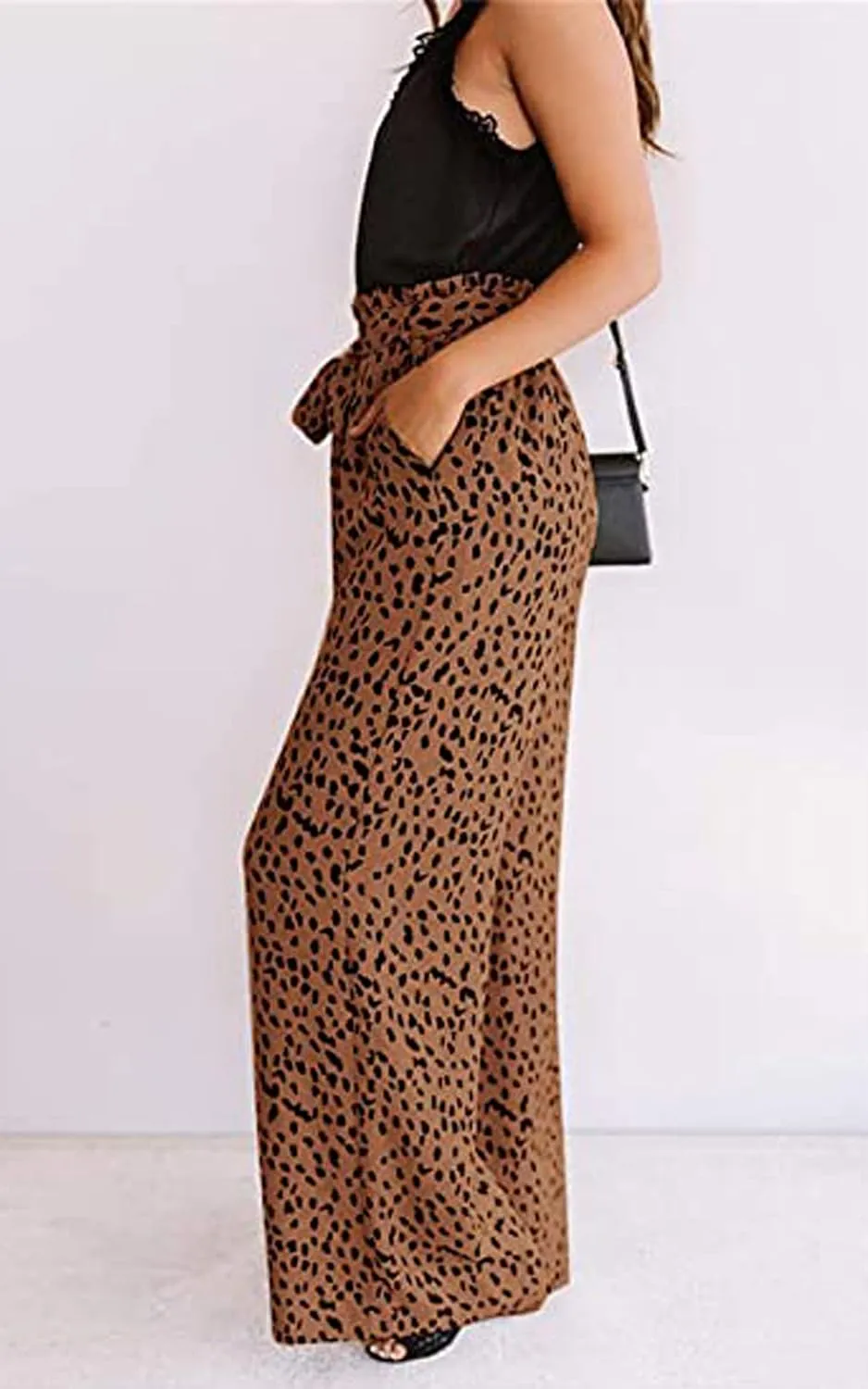 ECOWISH Palazzo Pants for Women Casual 2025 Summer Loose Baggy Wide Leg Flowy High Waisted Polka Dot Trouser with Belt Pocket