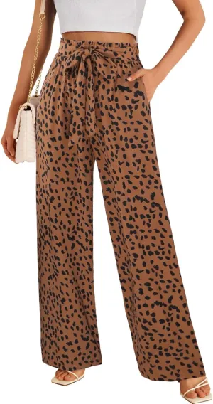 ECOWISH Palazzo Pants for Women Casual 2025 Summer Loose Baggy Wide Leg Flowy High Waisted Polka Dot Trouser with Belt Pocket