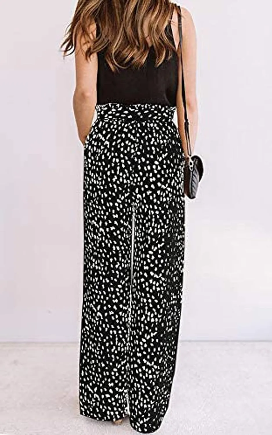 ECOWISH Palazzo Pants for Women Casual 2025 Summer Loose Baggy Wide Leg Flowy High Waisted Polka Dot Trouser with Belt Pocket