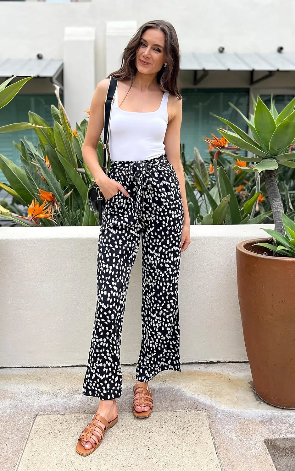 ECOWISH Palazzo Pants for Women Casual 2025 Summer Loose Baggy Wide Leg Flowy High Waisted Polka Dot Trouser with Belt Pocket