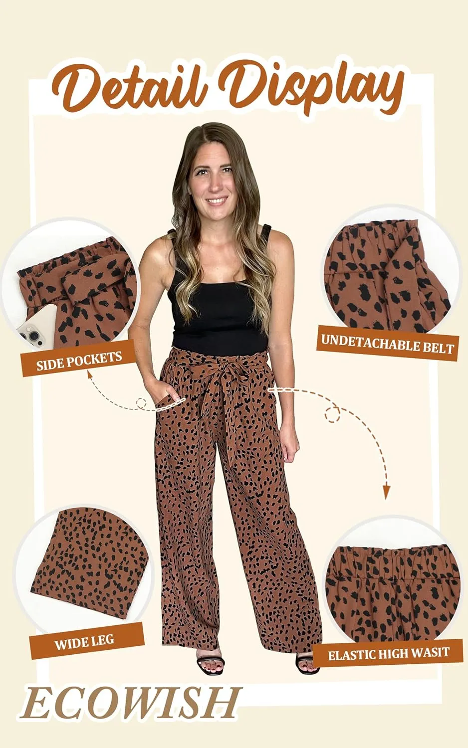 ECOWISH Palazzo Pants for Women Casual 2025 Summer Loose Baggy Wide Leg Flowy High Waisted Polka Dot Trouser with Belt Pocket