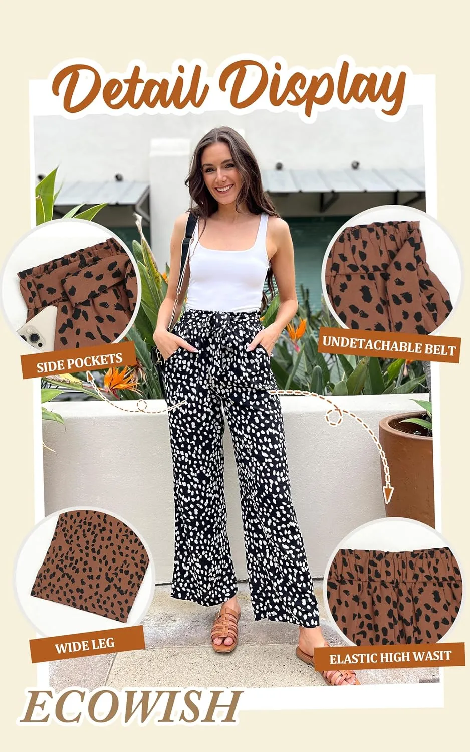 ECOWISH Palazzo Pants for Women Casual 2025 Summer Loose Baggy Wide Leg Flowy High Waisted Polka Dot Trouser with Belt Pocket