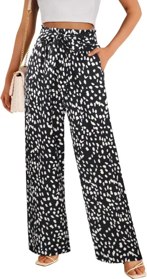 ECOWISH Palazzo Pants for Women Casual 2025 Summer Loose Baggy Wide Leg Flowy High Waisted Polka Dot Trouser with Belt Pocket