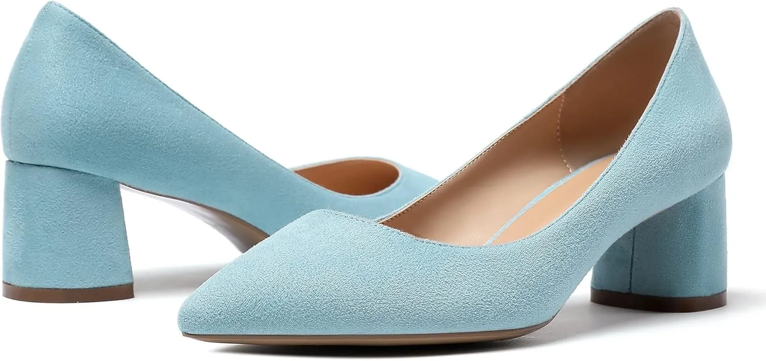 Eldof Women's Chunky Block Low Heels Closed Pointy Toe Classic Pumps Comfort Slip-on Party Evening Dress Heeled Shoes 5 CM