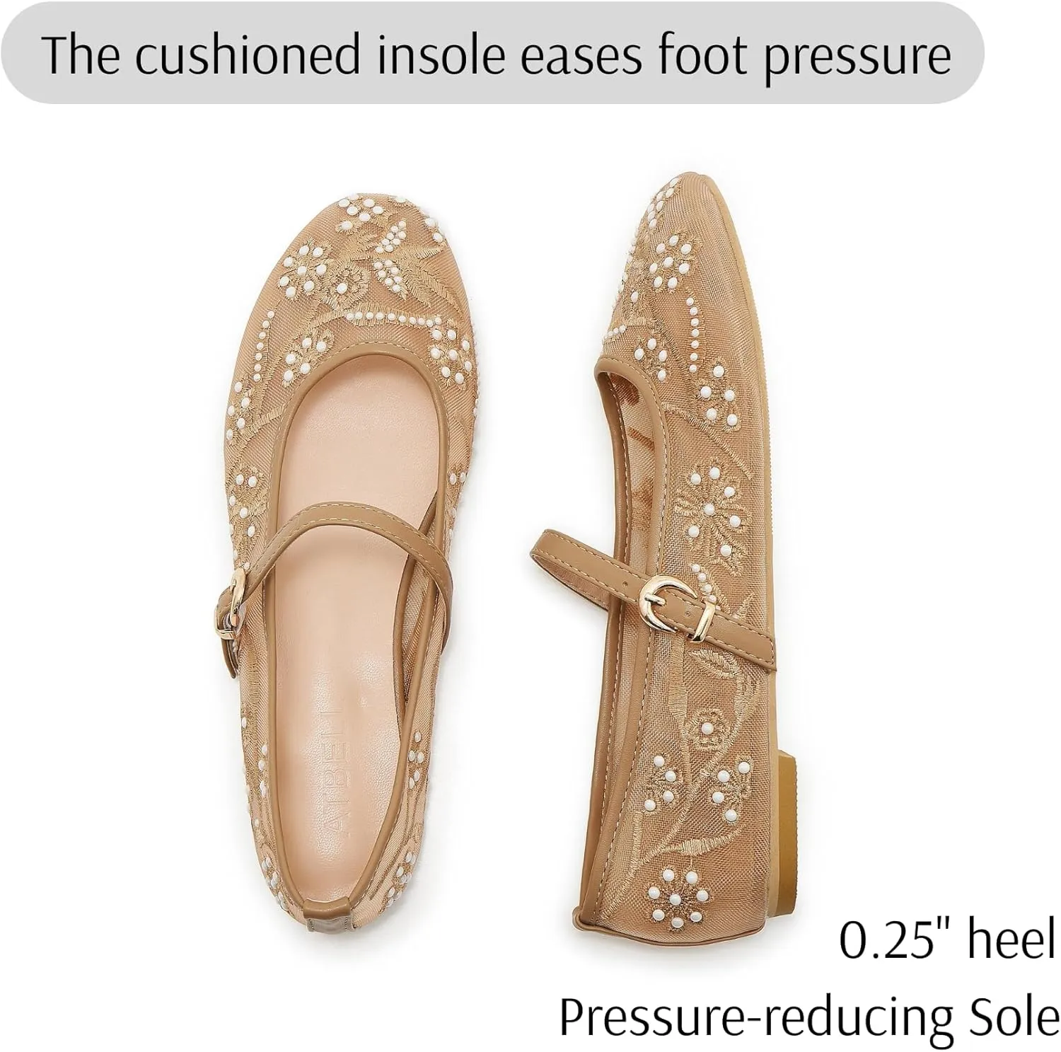 Embroidered Mesh Ballet Flat for Women Round Toe White Pearl Ballerina Shoes Buckle Strap Casual Comfortable Mary Jane Flats