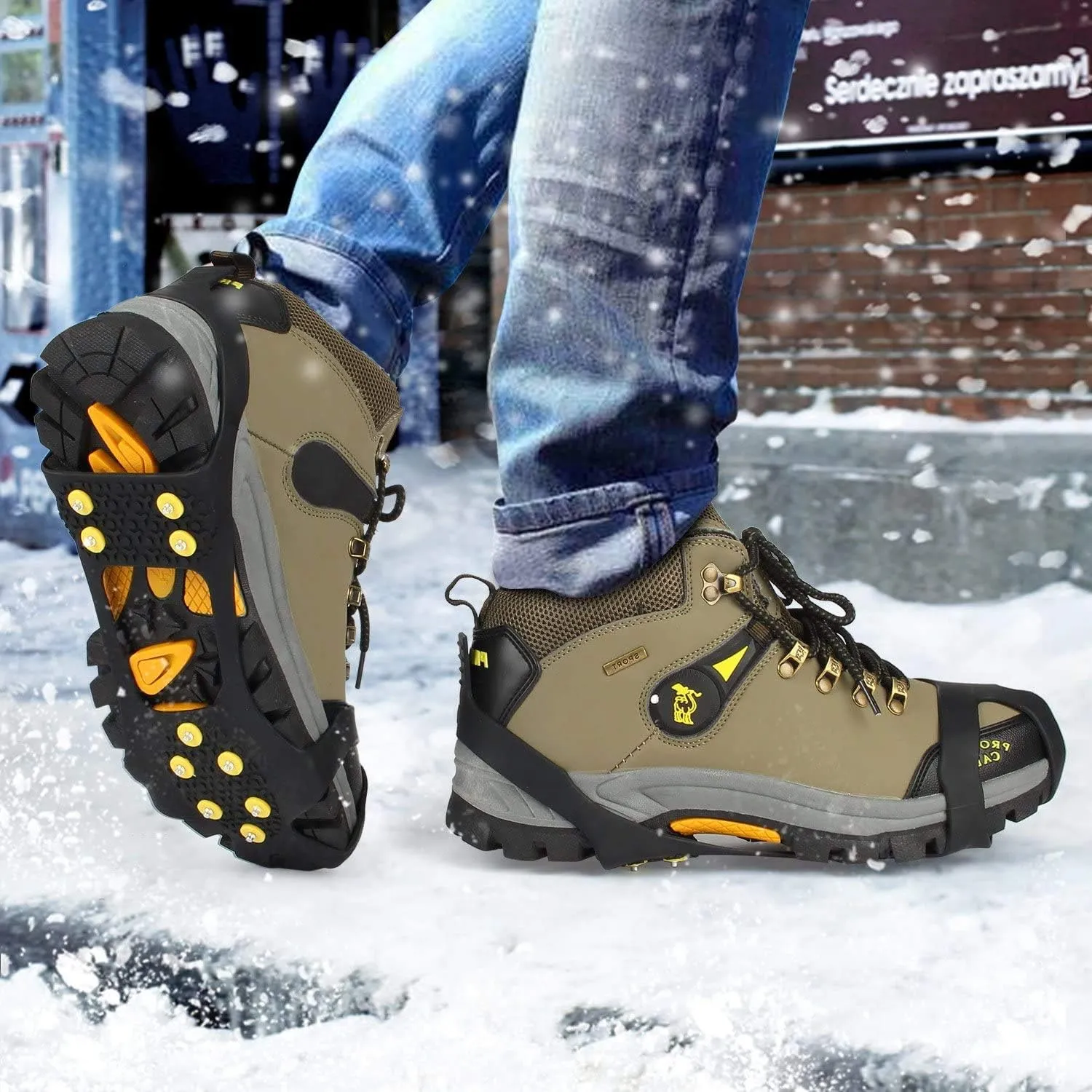 EONPOW Ice Grips, Ice & Snow Grips Cleat Over Shoe/Boot Traction Cleat Rubber Spikes Anti Slip 10 Steel Studs Crampons Slip-on Stretch Footwear