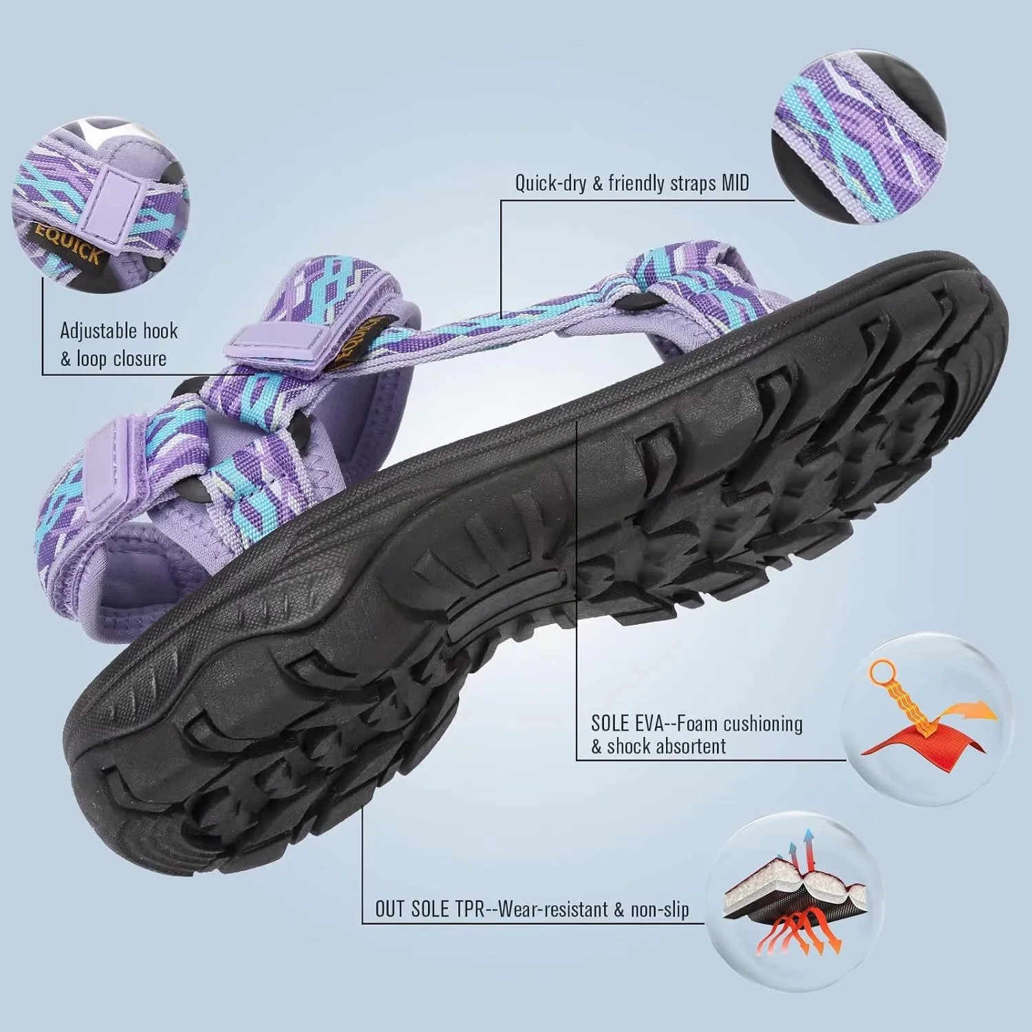 EQUICK Sport Sandals for Women, Open Toe Strap Sandal Anti-skidding Outdoor Water Sandals Comfortable Athletic Sandals for Beach