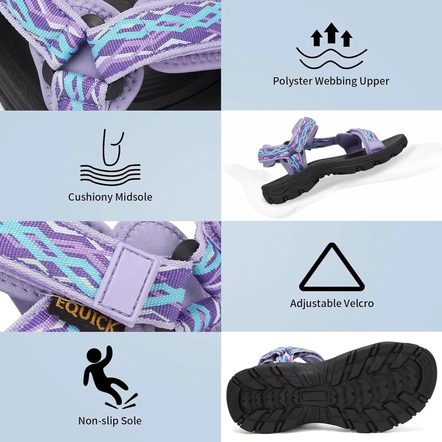 EQUICK Sport Sandals for Women, Open Toe Strap Sandal Anti-skidding Outdoor Water Sandals Comfortable Athletic Sandals for Beach